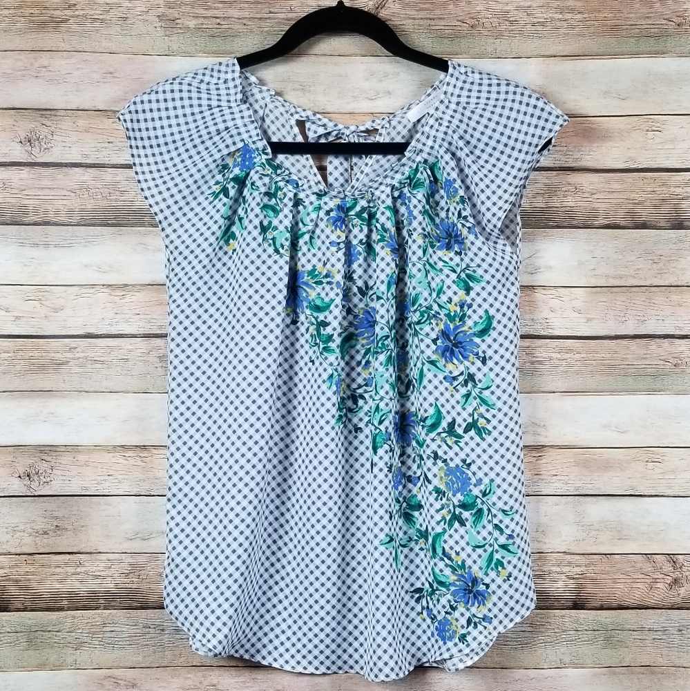 NEW LC Lauren Conrad Gingham Pleat Neck Top - Picture 2 of 5